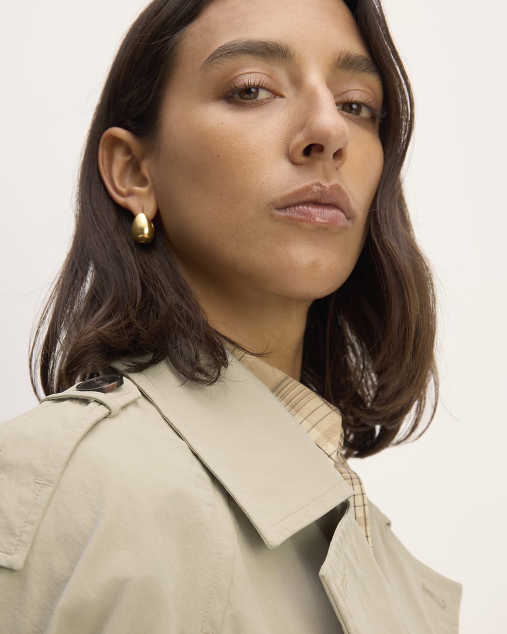 The ReNew Long Trench Coat in Trench Coat Khaki — detail view