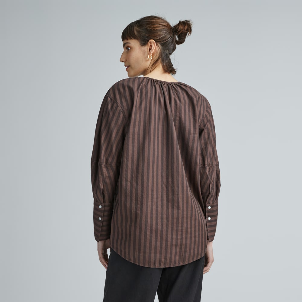 The Silky Cotton Balloon Sleeve Top in Chocolate Brown / Black — detail view