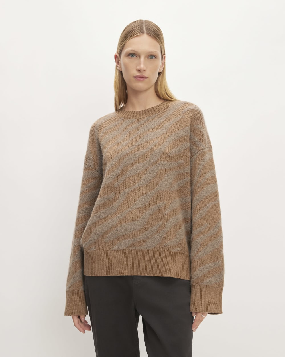 The Alpaca Tiger Jacquard Crewneck in Camel / Medium Brown — front view