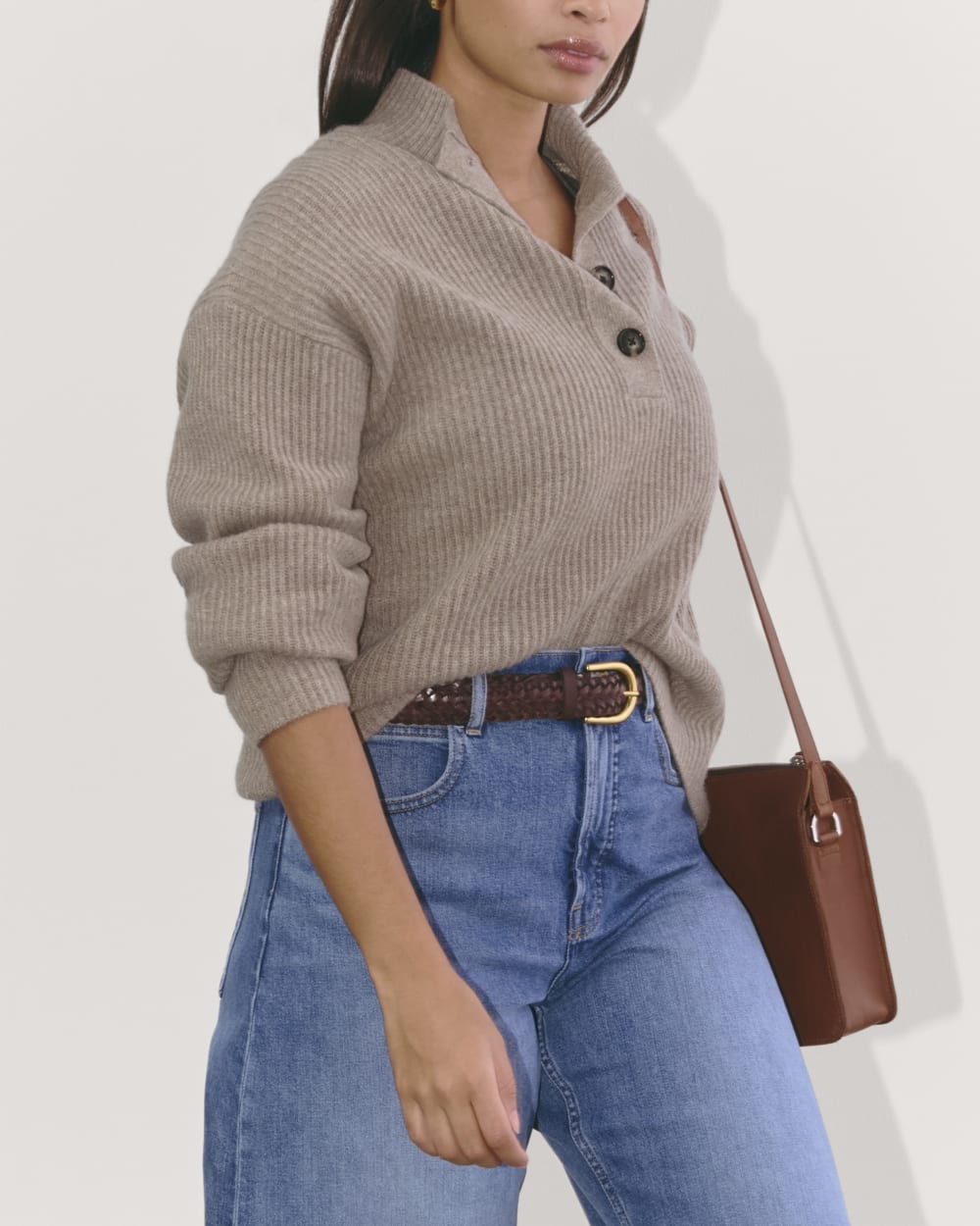 The Cocoon Henley in Wool Cashmere in Oatmeal — detail view
