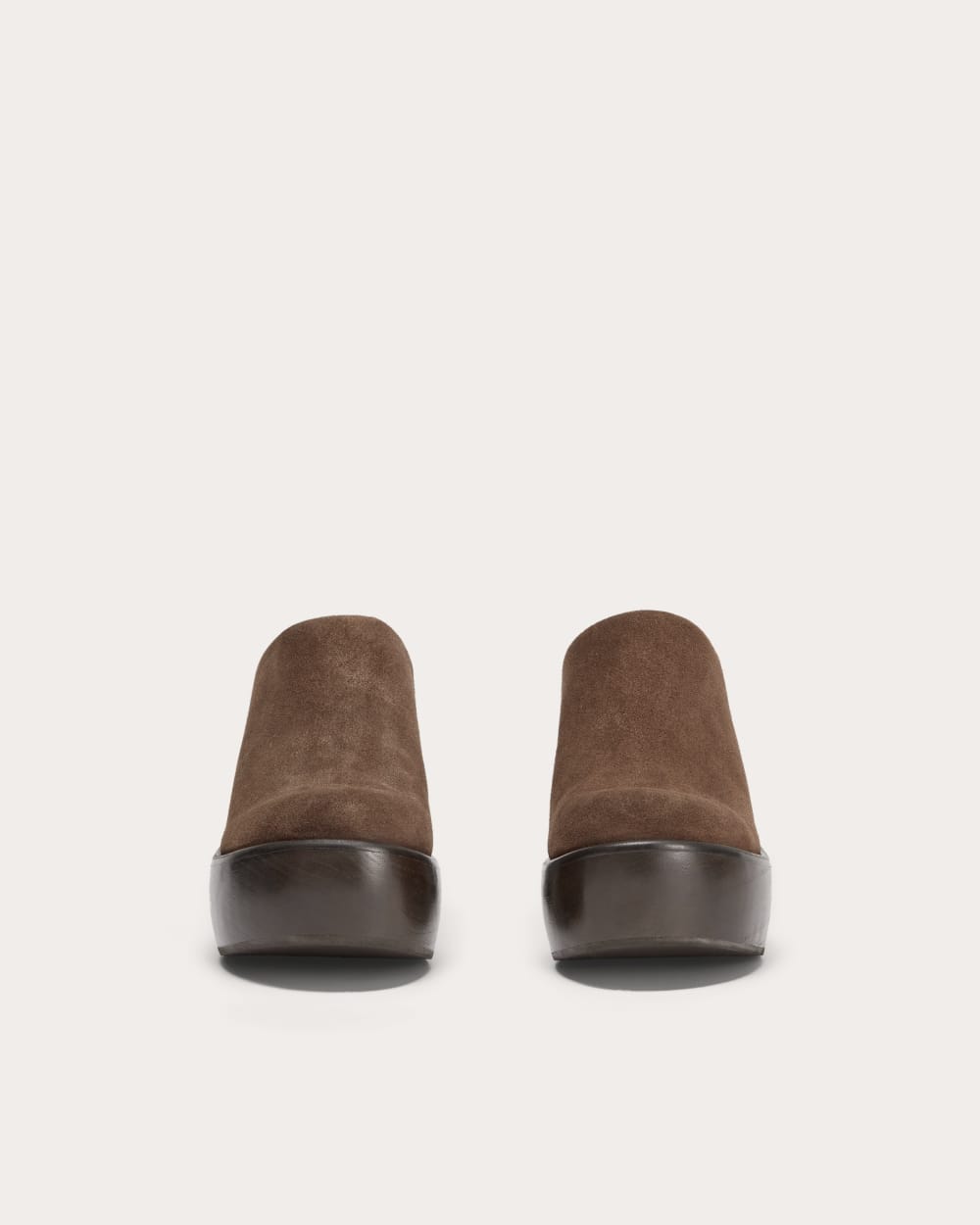The Wooden Puffa Clog in Dark Umber Suede — detail view