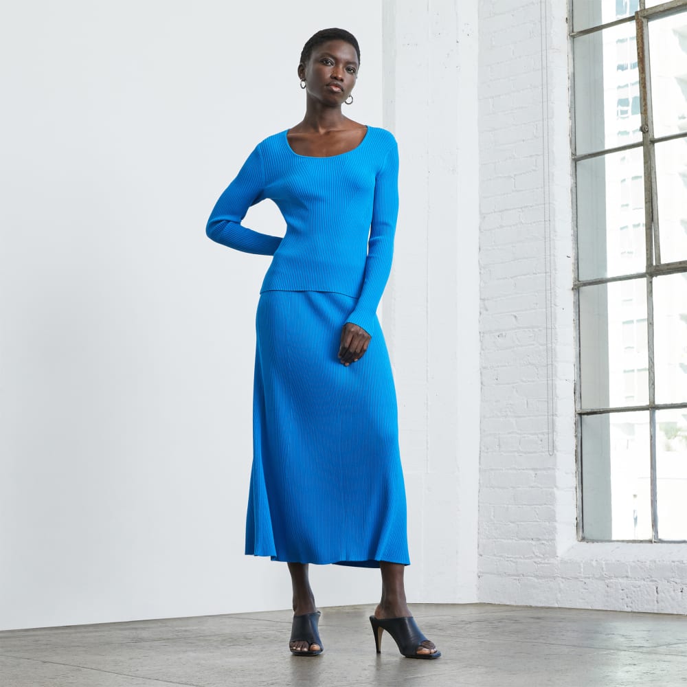 The Ribbed Knit Skirt in Brilliant Blue — detail view
