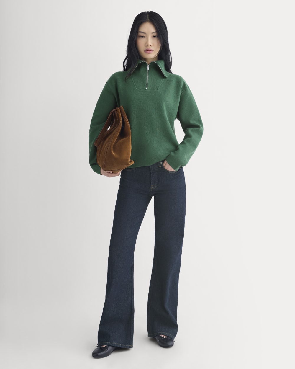 Double Knit Half-Zip in Cotton Merino in Hunter Green — detail view