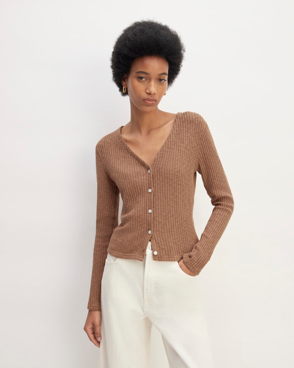 The Cozy Rib Cardigan in Carob Brown — front view