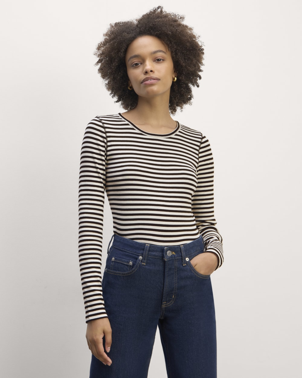 The Luxe Rib Long-Sleeve Crew in Bone / Black — front view