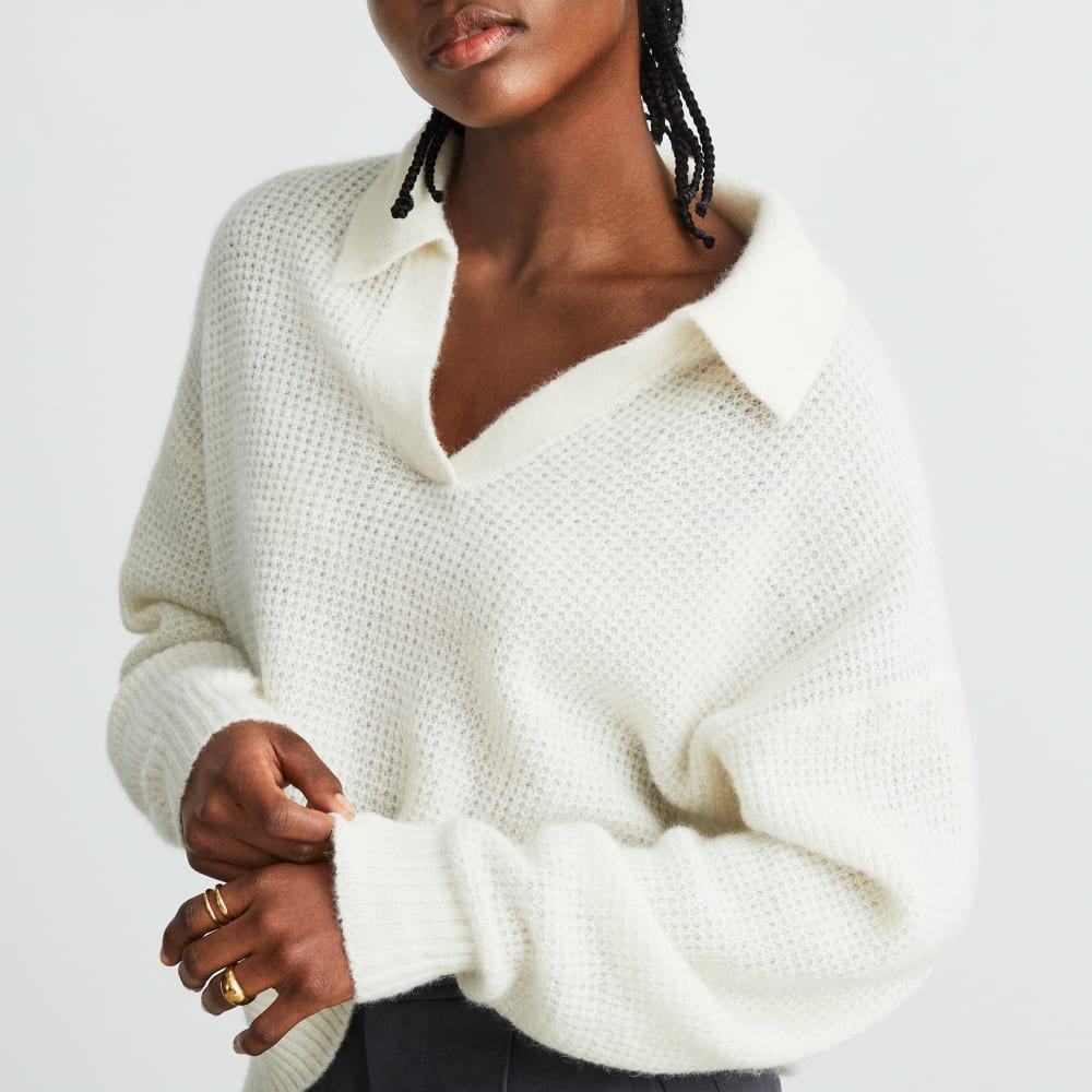 The Alpaca Waffle-Stitch Polo in Snow — detail view