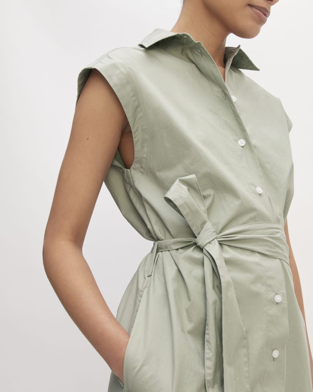 The Supima® Cotton Short-Sleeve Shirt Dress in Sage Green — detail view