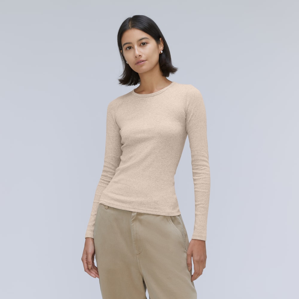 The Luxe Rib Long-Sleeve Crew in Heathered Meringue — front view