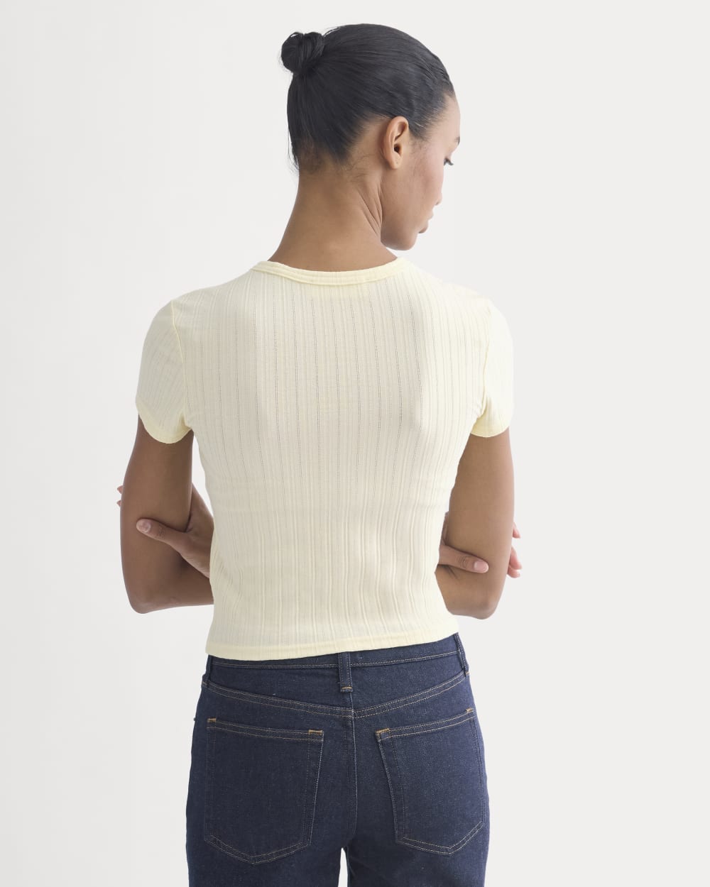 Cropped Crew in Pointelle in Lemon Icing — detail view