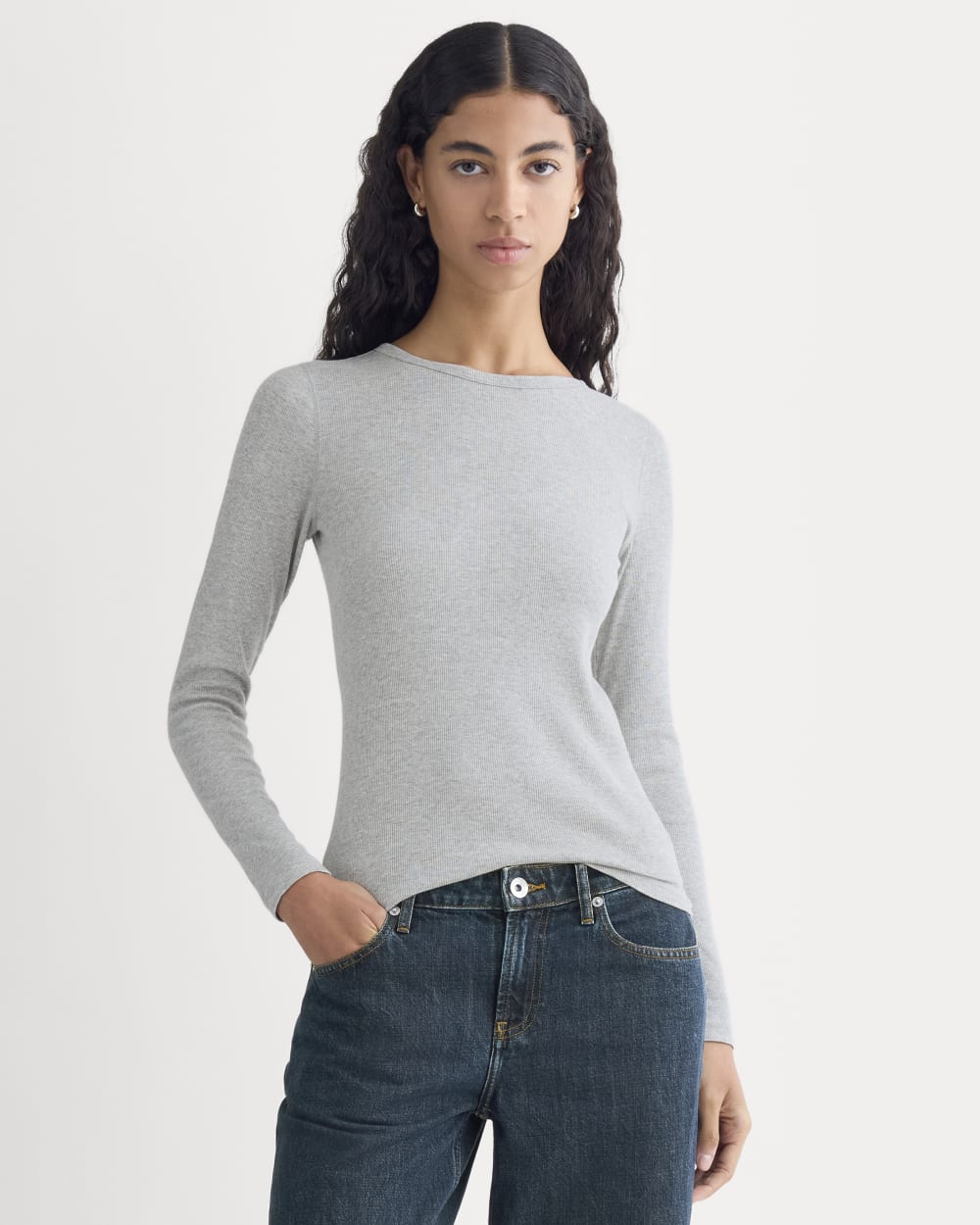 The Luxe Rib Long-Sleeve Crew in Classic Heather Grey — front view