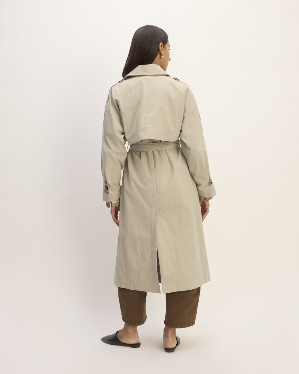 The ReNew Long Trench Coat in Trench Coat Khaki — detail view