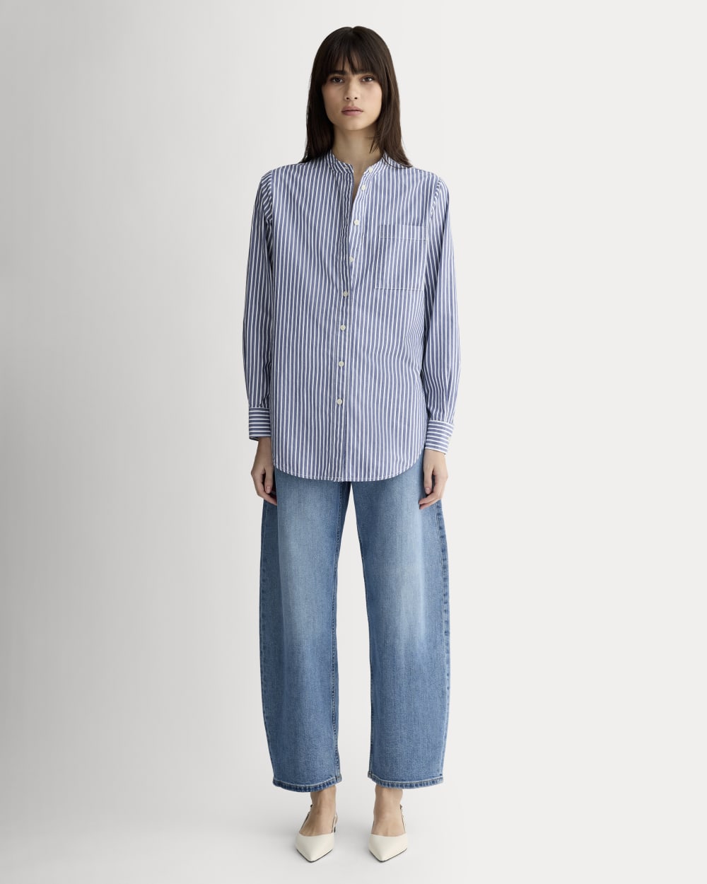 The Oversized Shirt in Ultrasoft Cotton in Bone / Mazarine Blue — detail view