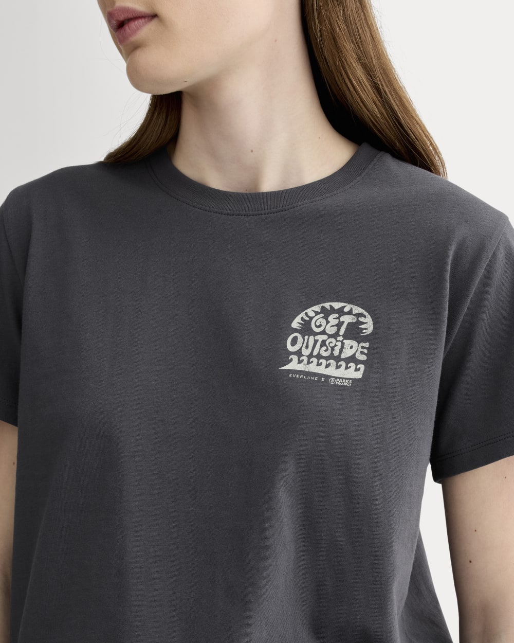 The Everlane x Parks Project Box-Cut Tee in Forged Iron / Natural — detail view