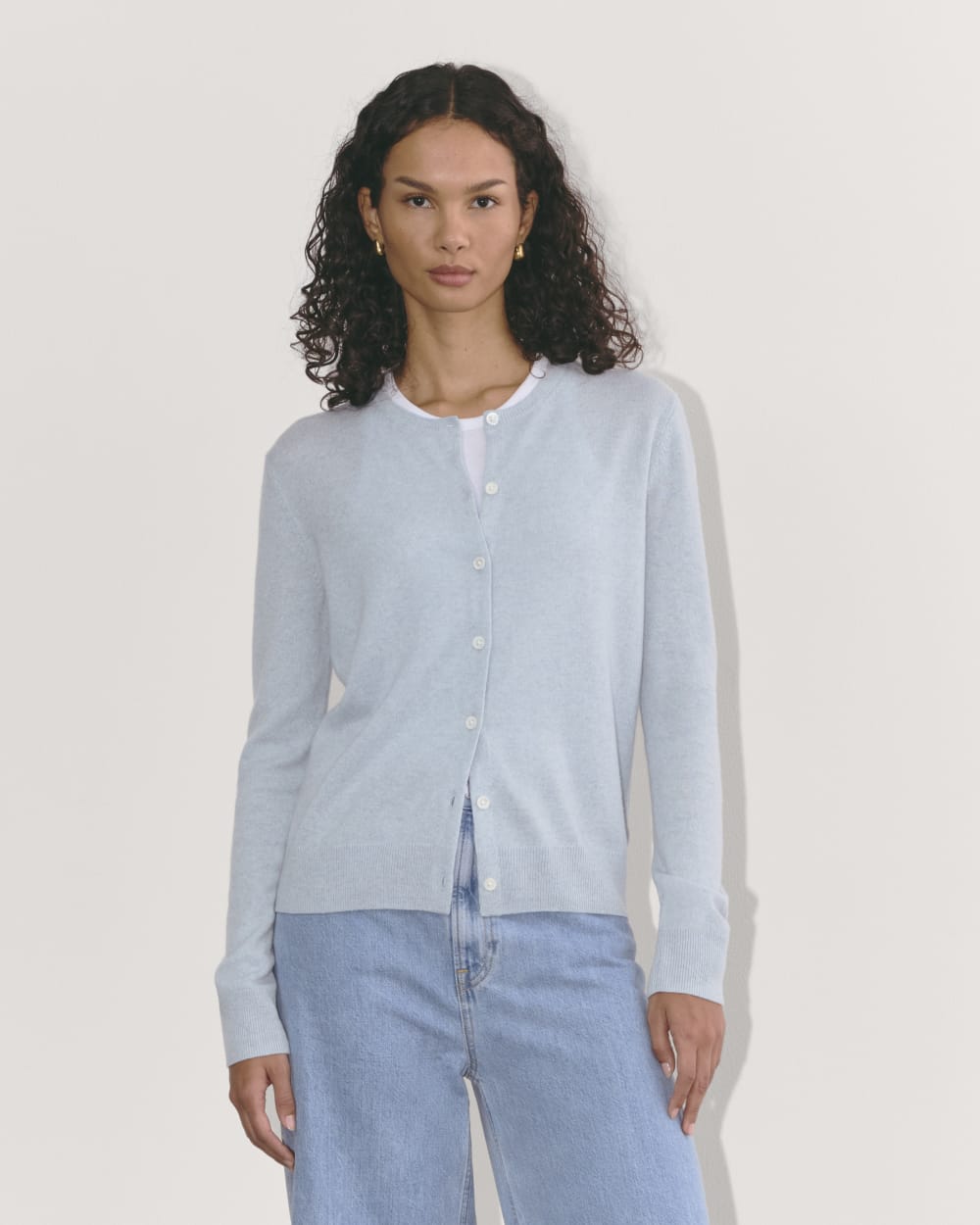 The Classic Cardigan in Cashmere in Sky Blue — front view