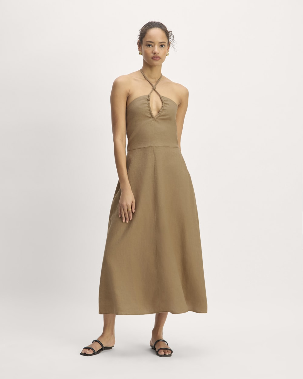 The Linen Halter-Neck Dress in Tiger's Eye — front view