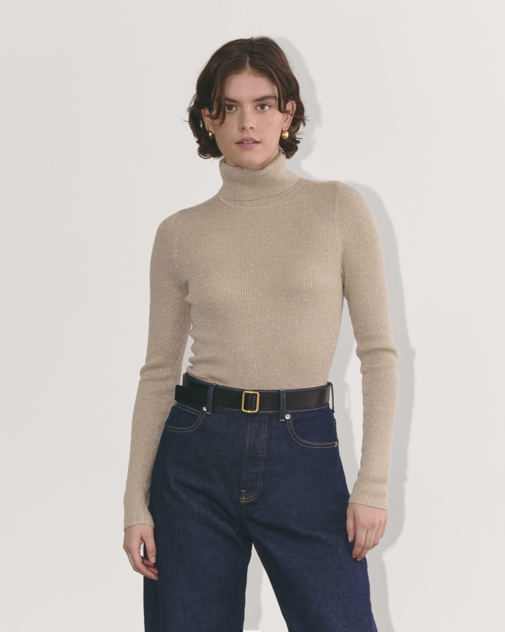 The Turtleneck in Lurex Merino in Gold — front view