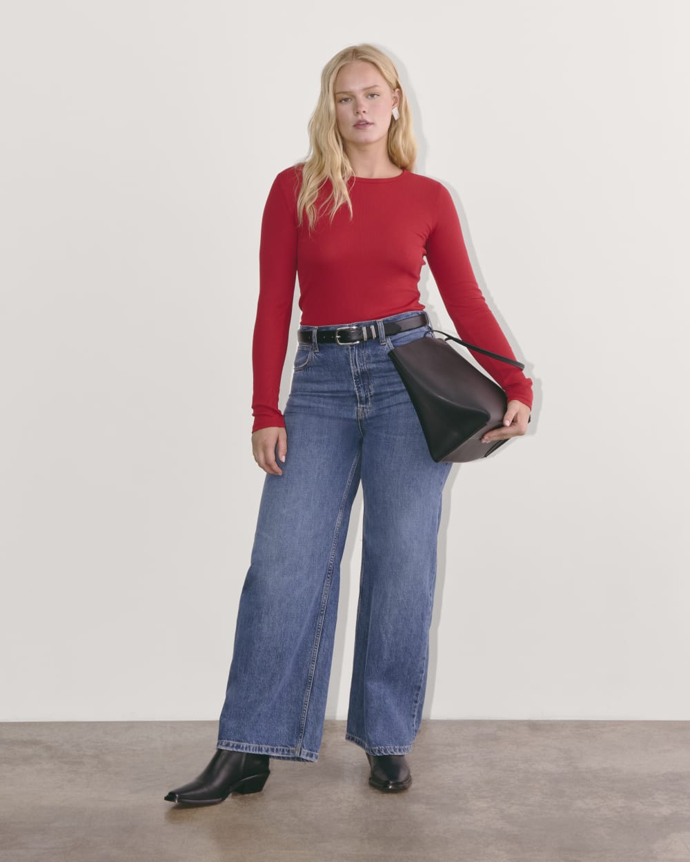 The Luxe Rib Long-Sleeve Crew in Berry Red — detail view