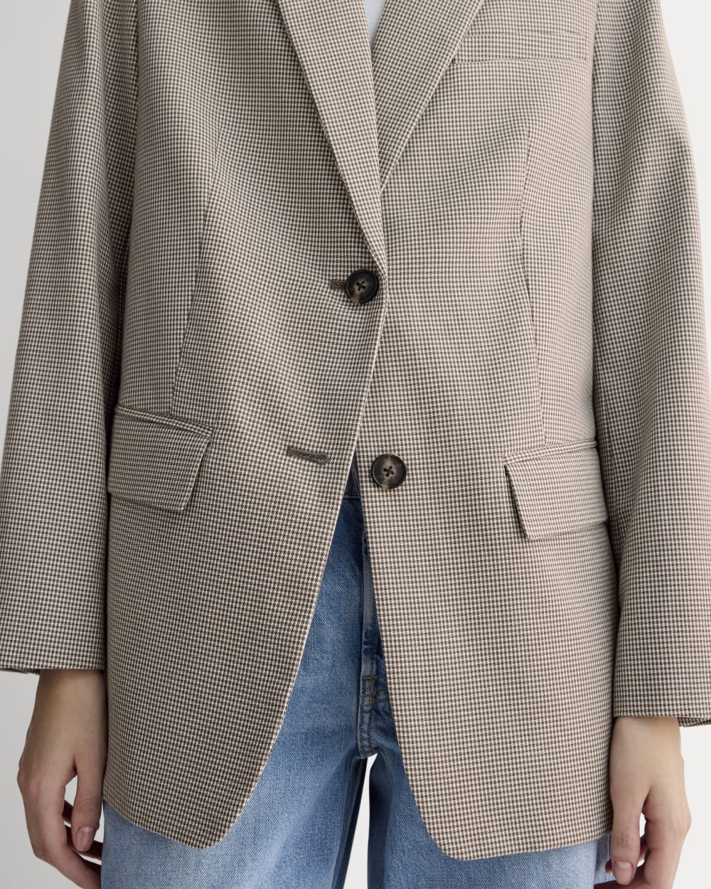 The Oversized Blazer in Buttersmooth in Deep Taupe Mini Gingham — detail view