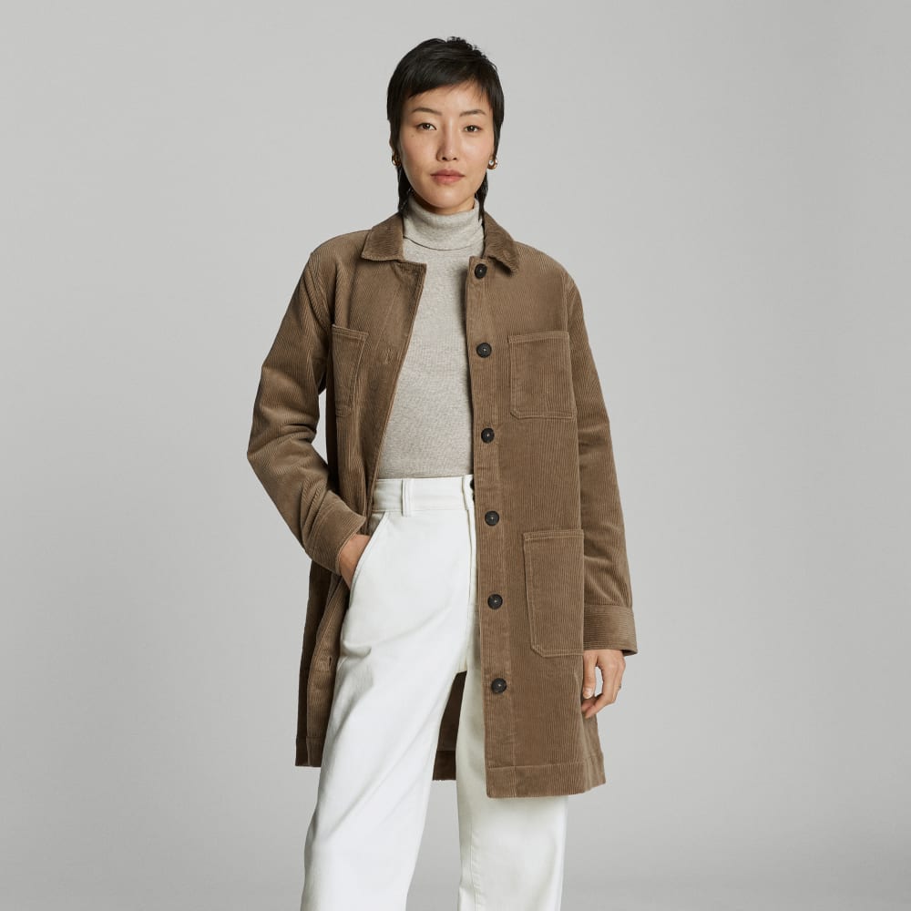 The Corduroy Long Shirt Jacket in Toasted Coconut — front view