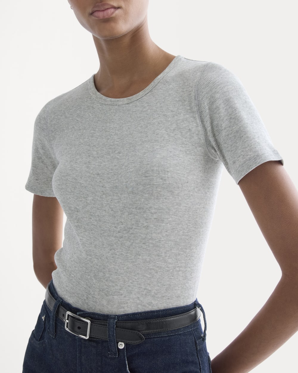 The Luxe Rib Crew in Classic Heather Grey — detail view