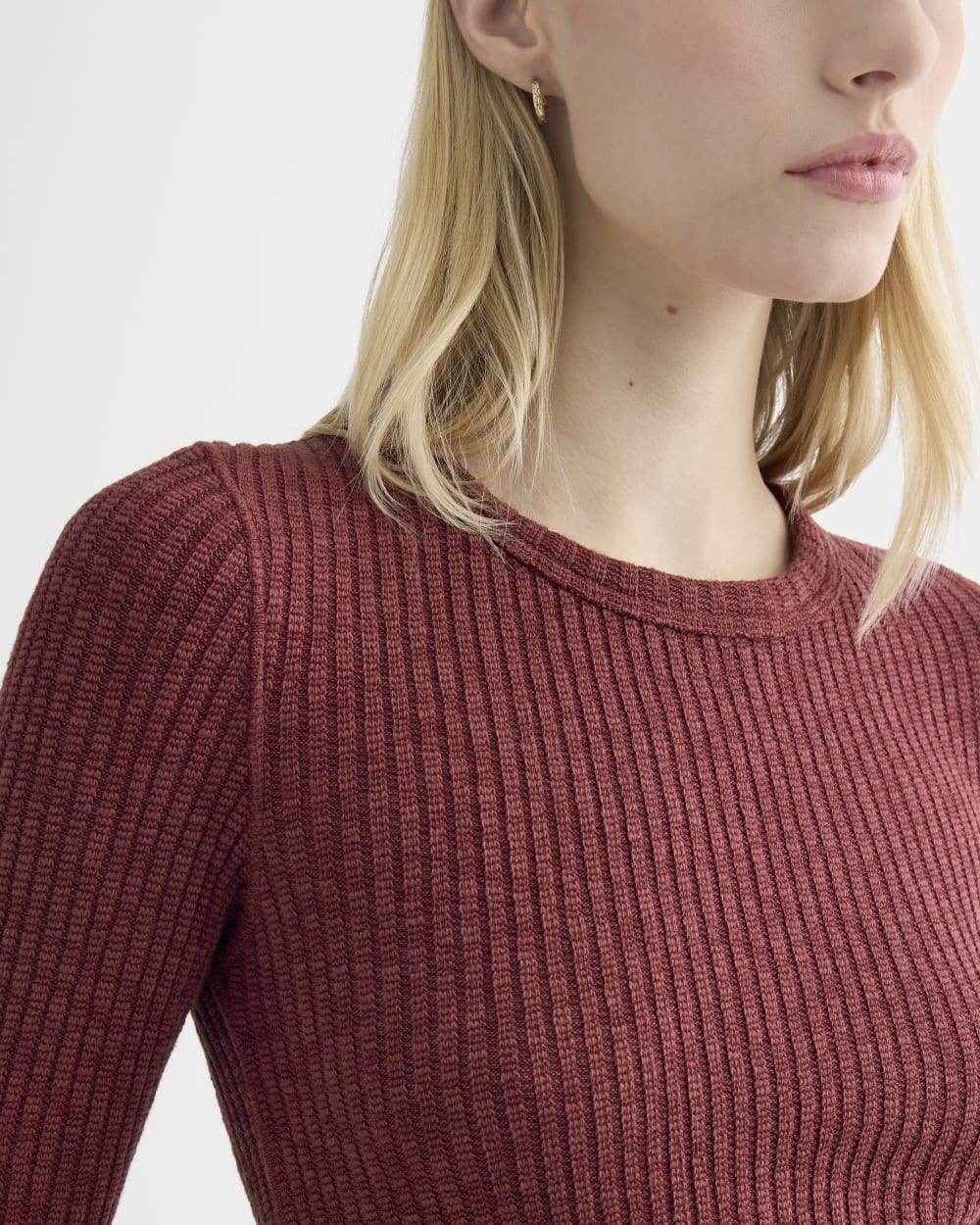 The Cozy Rib Long-Sleeve Tee in Pomegranate — detail view