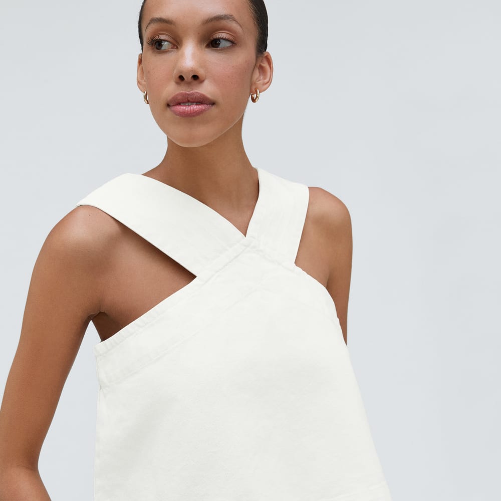 The Cross-Front Apron Top in Canvas — detail view