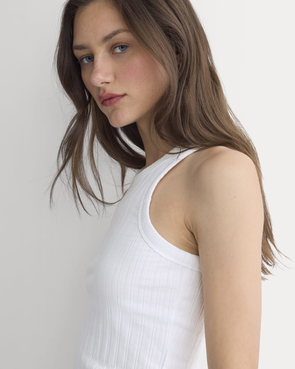 Racerback Tank in Pointelle in White — detail view
