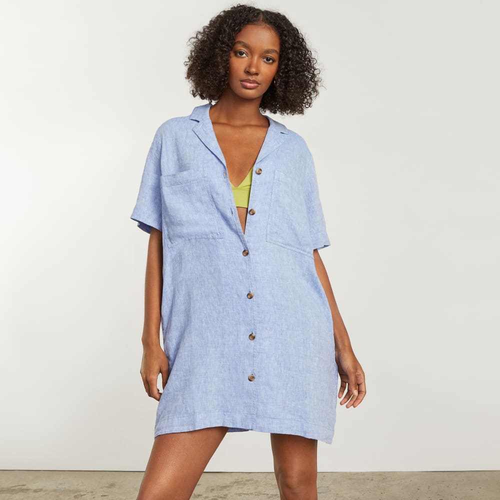 The Linen Workwear Dress in Medium Blue — detail view