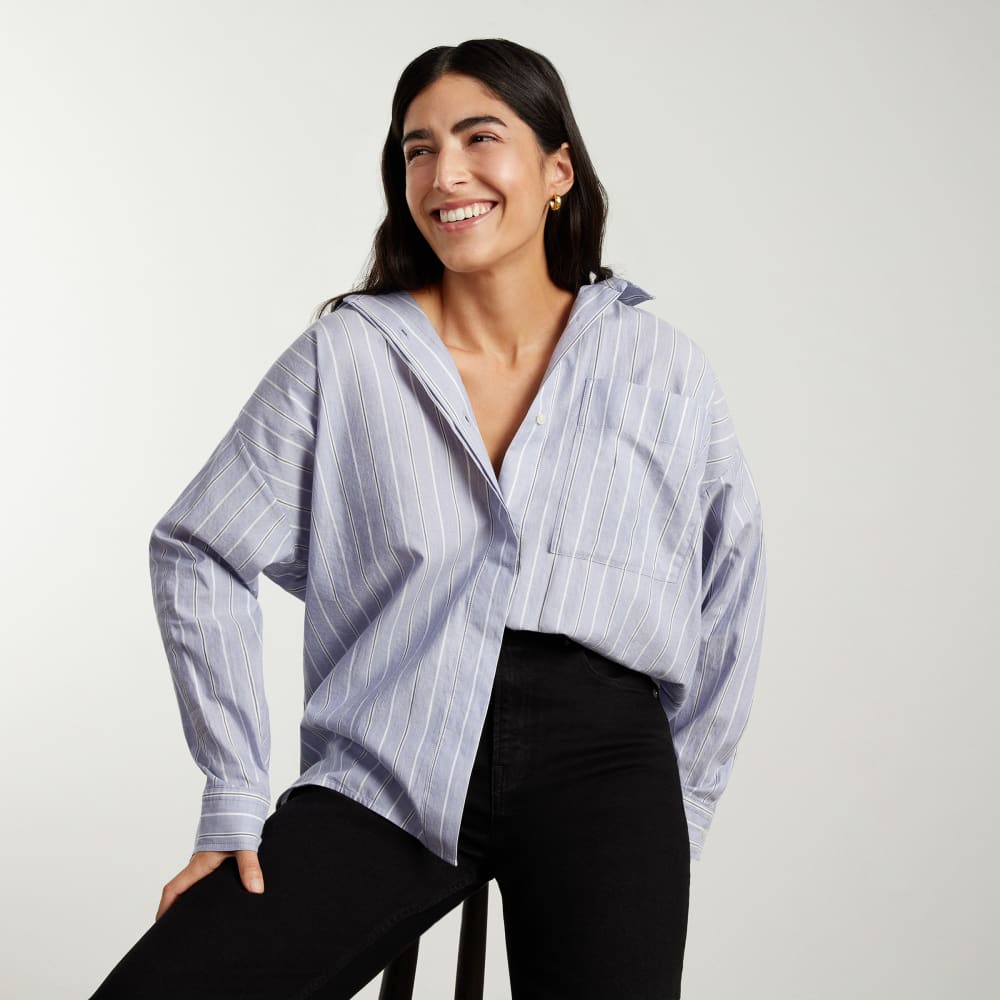 The Oversized Silky Cotton Shirt in Slate Blue — detail view