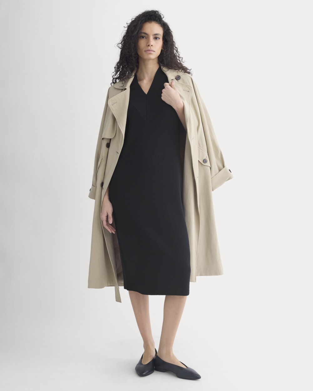 Relaxed V-Neck Midi Sweater Dress in Cotton Merino in Black — front view