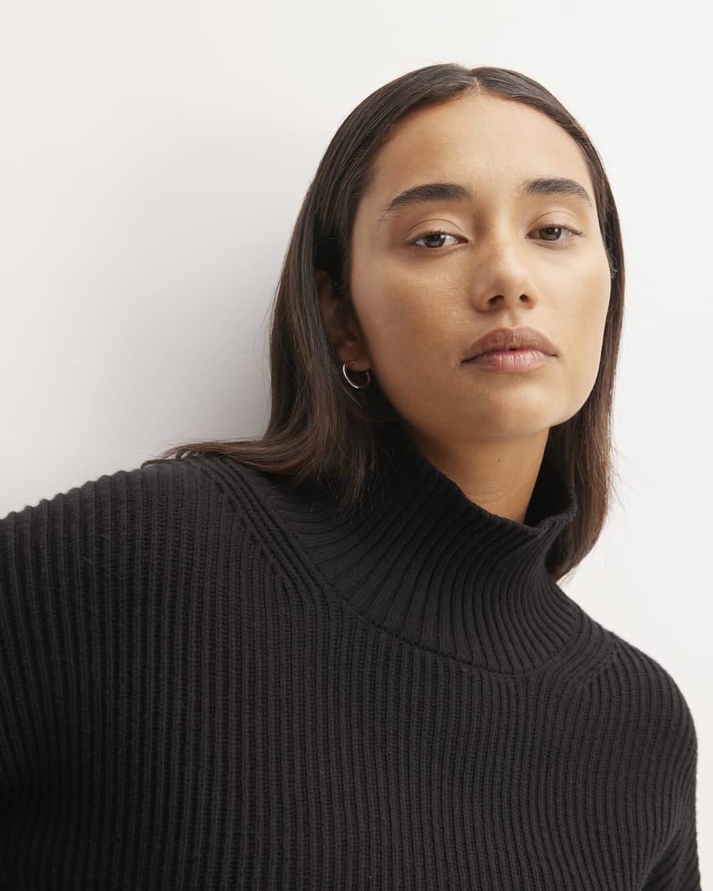 The Organic Cotton Ribbed Turtleneck in Black — detail view