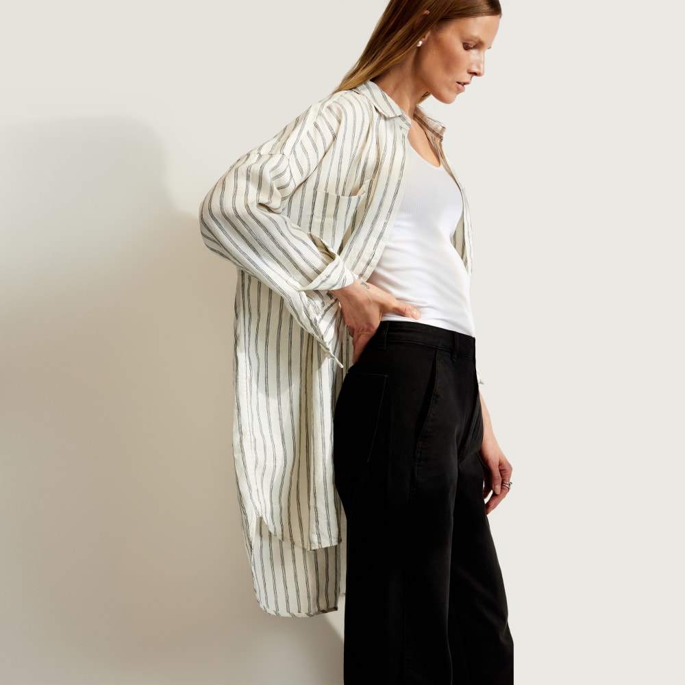 The Way-Long Linen Shirt in Black / Canvas Tan — detail view
