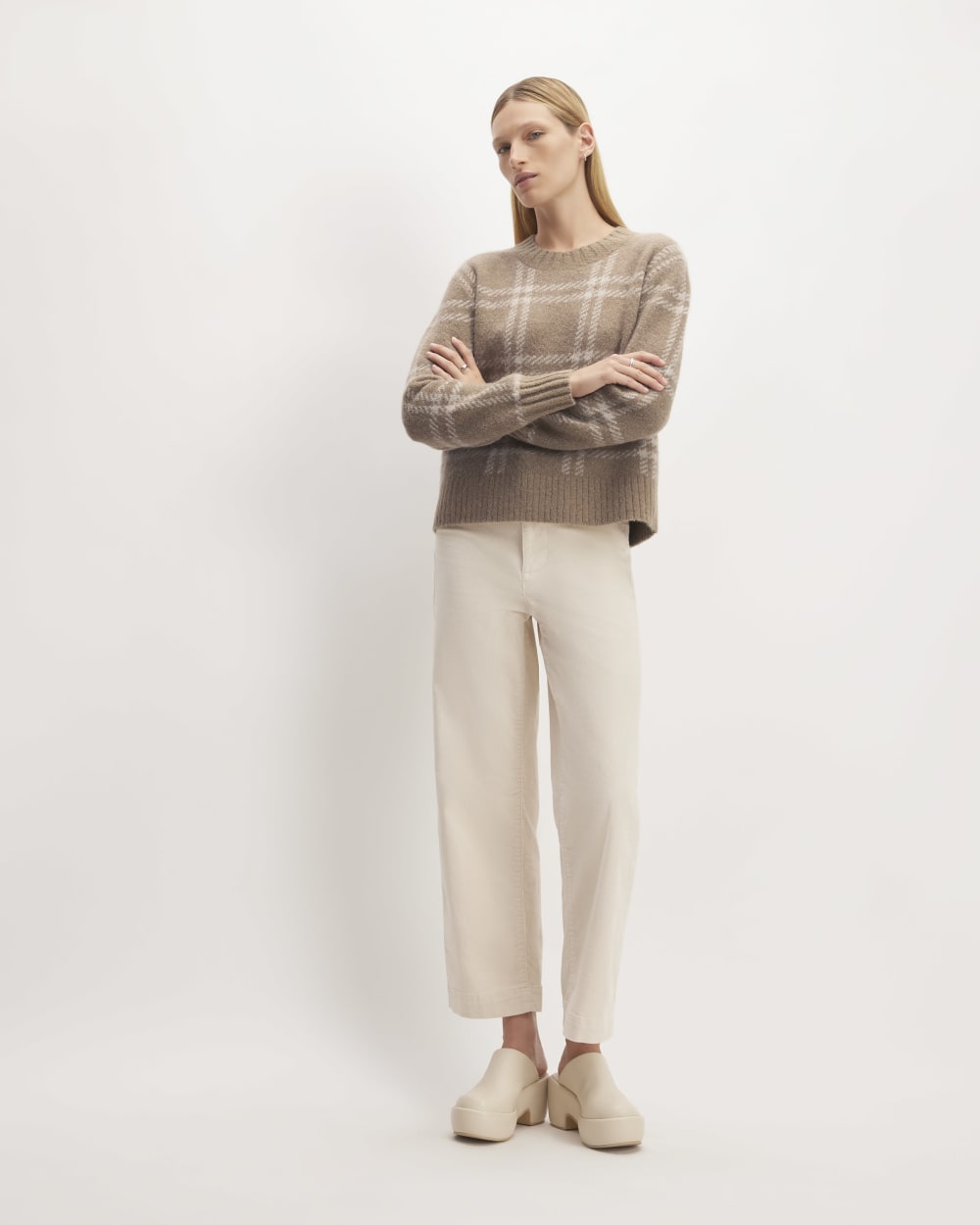 The Alpaca Cropped Crewneck Sweater in Wheat / Lightest Taupe — detail view