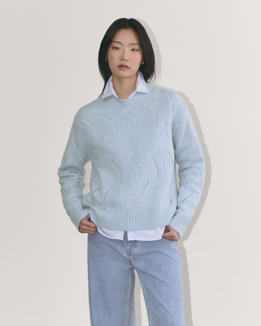 The Pointelle Sweater in Cloud in Chambray Blue — front view