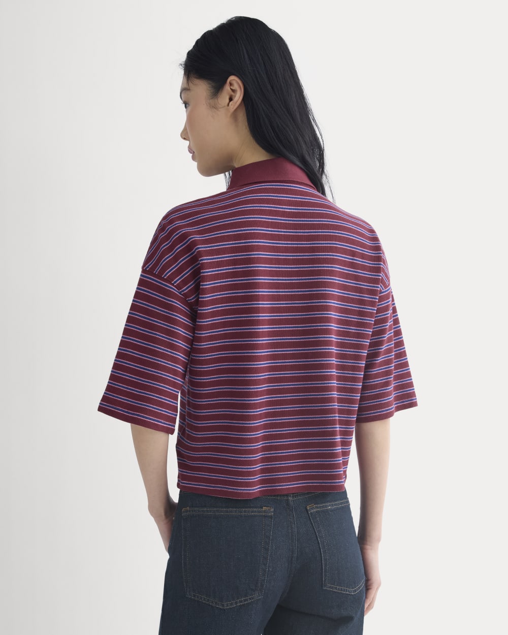 Pique Boxy Polo in Pomegranate/Heather Rose/Estate Blue — detail view