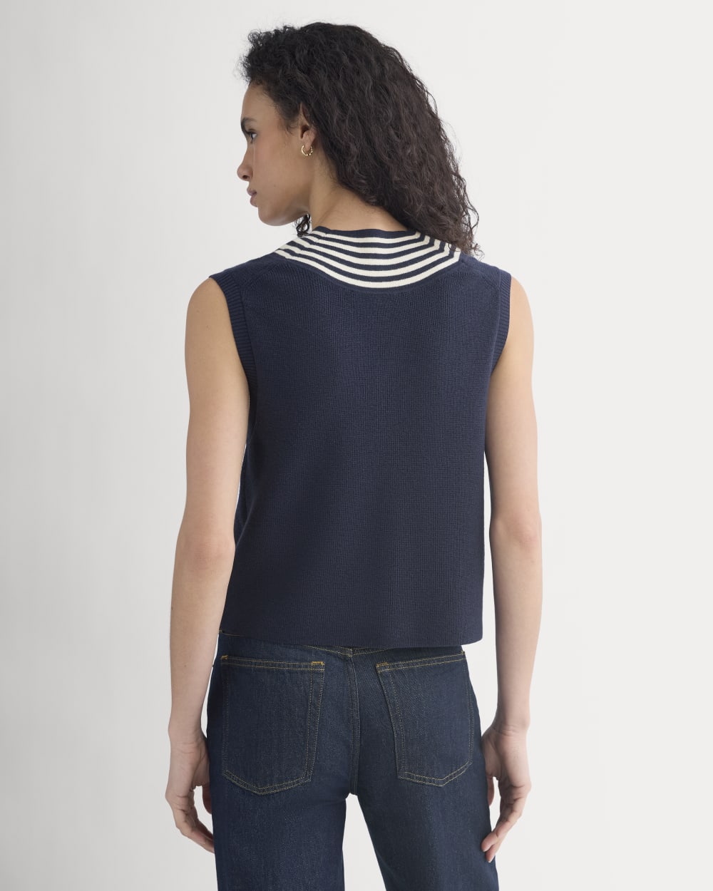 Relaxed V-Neck Vest in Cotton Merino in Navy — detail view