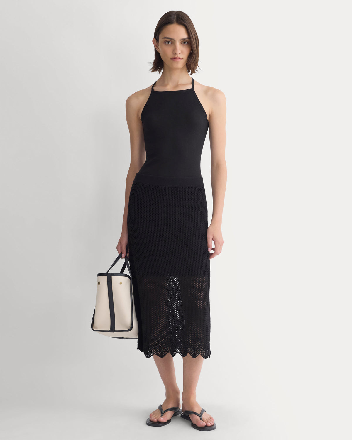 Lace-Knit Midi Skirt in Black — front view