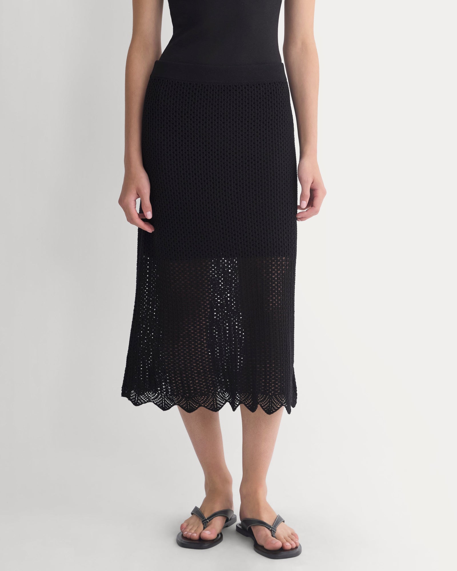 Lace-Knit Midi Skirt in Black — detail view
