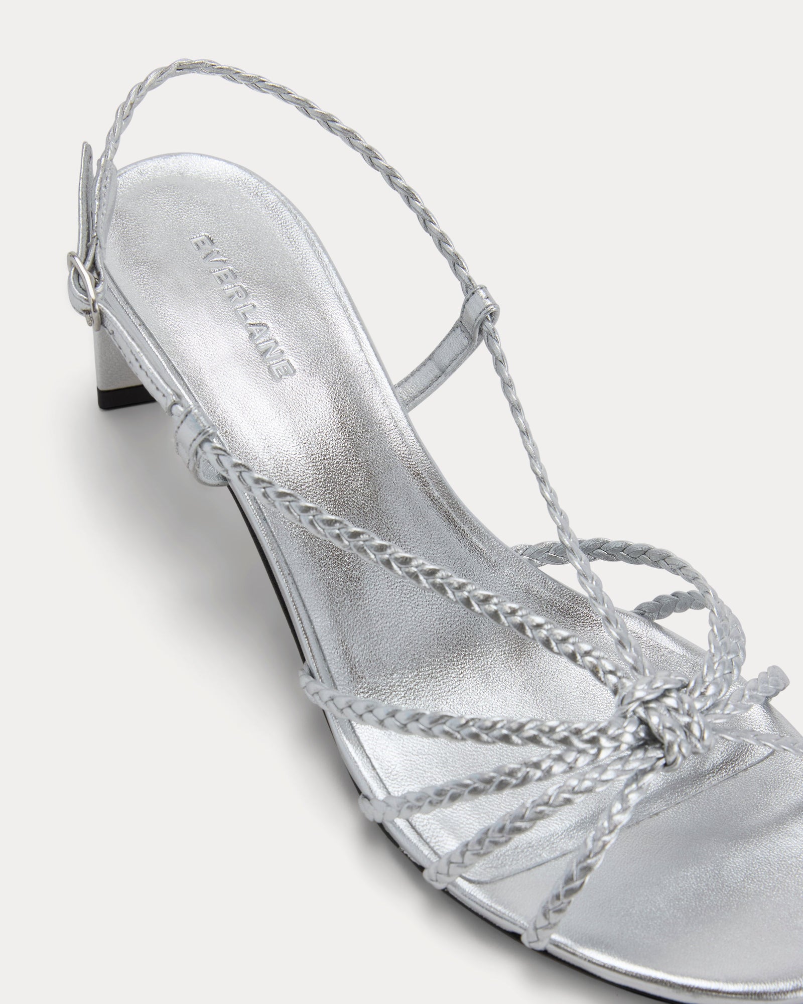 Made in Italy Braided Kitten Heel in Silver Leather — detail view