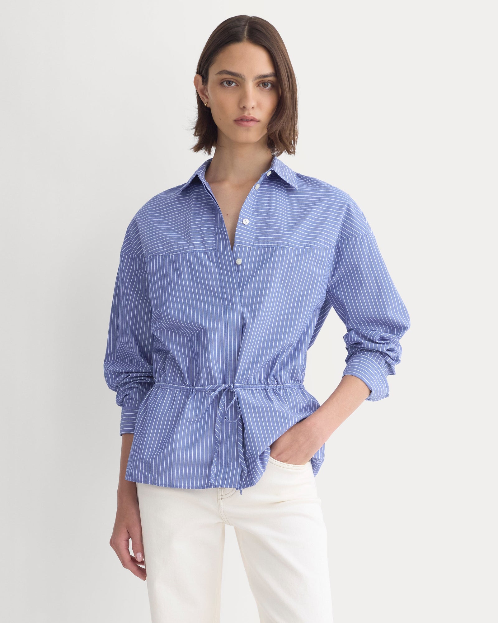 Oversized Cinched Shirt in Ultrasoft Cotton in Mazarine Blue / Optic White — front view