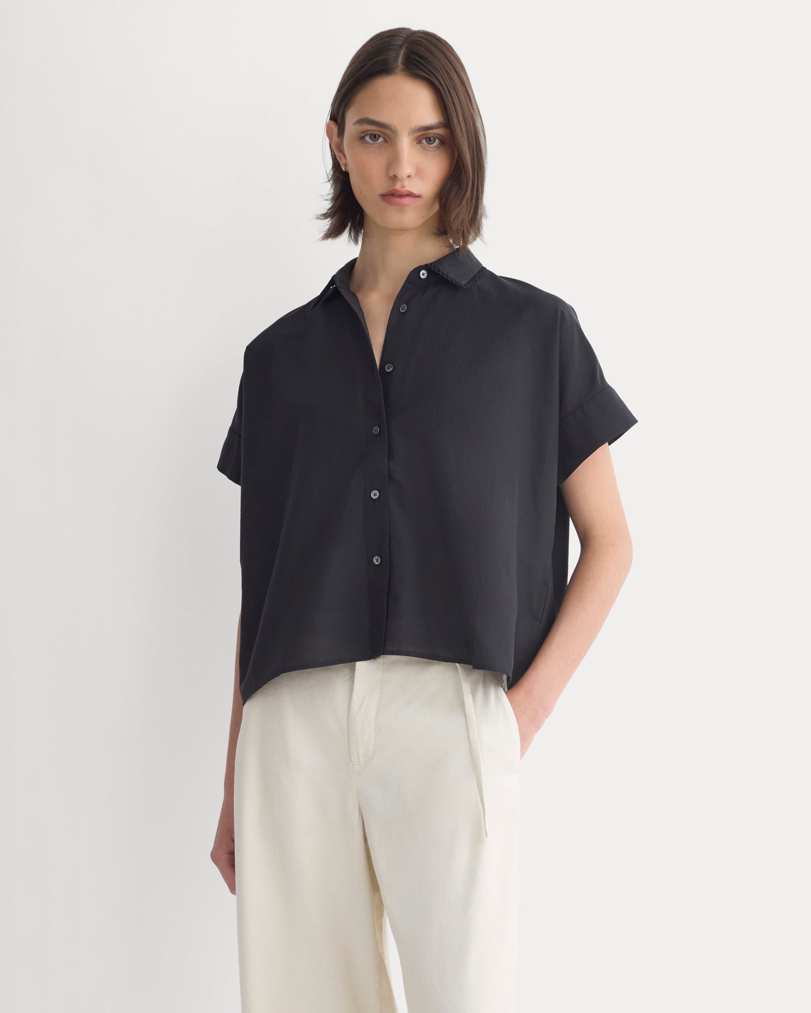 Scalloped-Collar Square Shirt in Black — front view