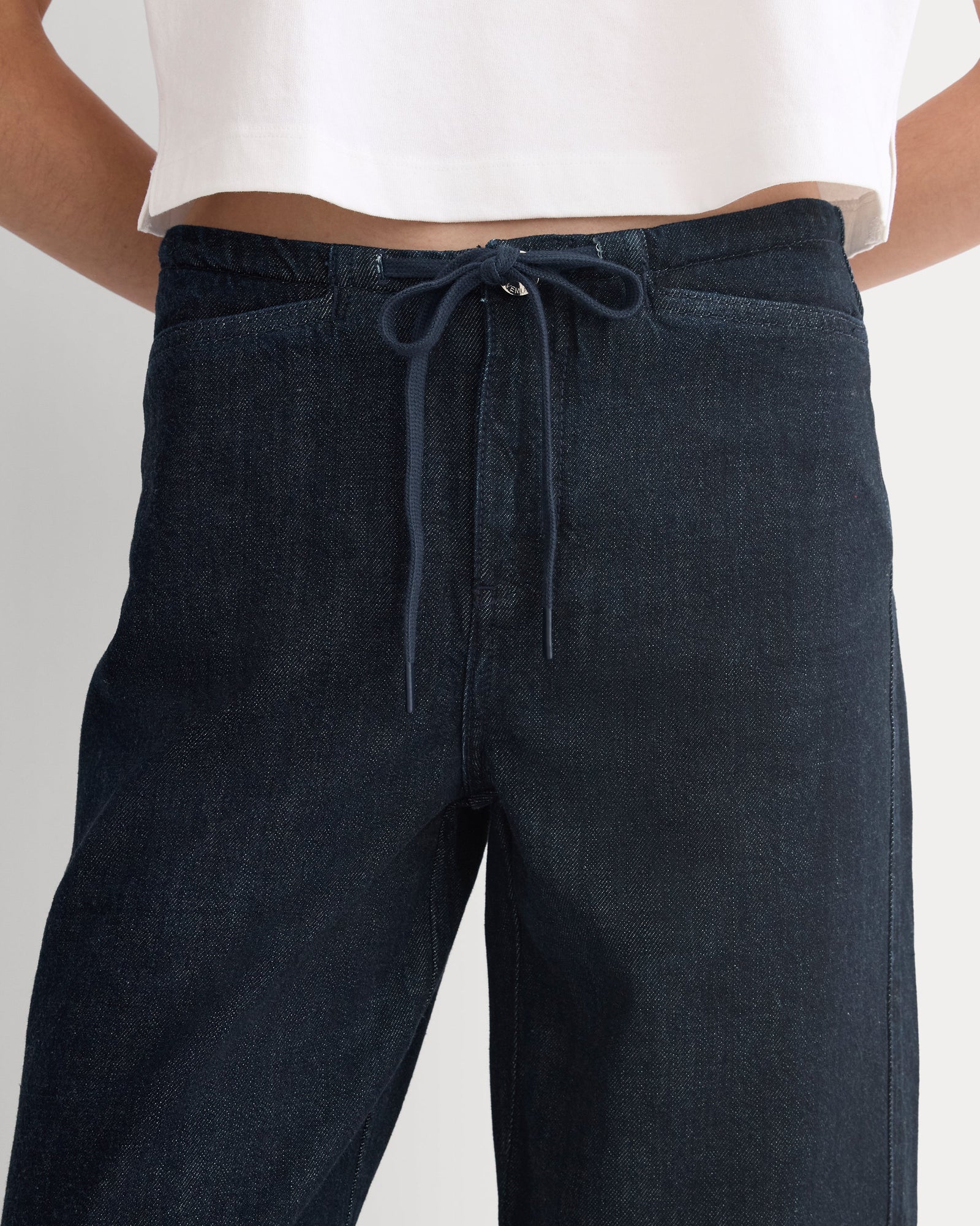 Low-Slung Tie-Front Jean in Dark Indigo — detail view