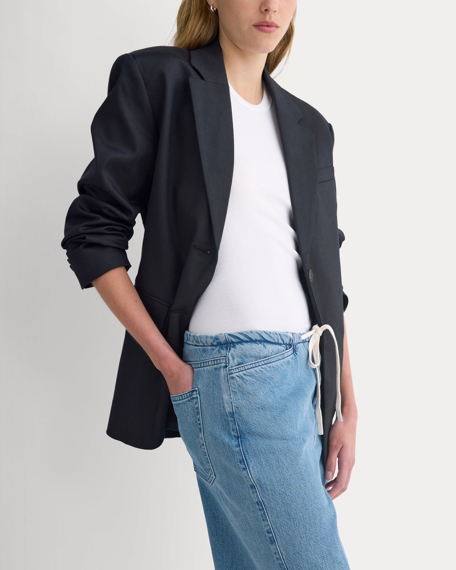 Low-Slung Tie-Front Jean in Medium Indigo — detail view