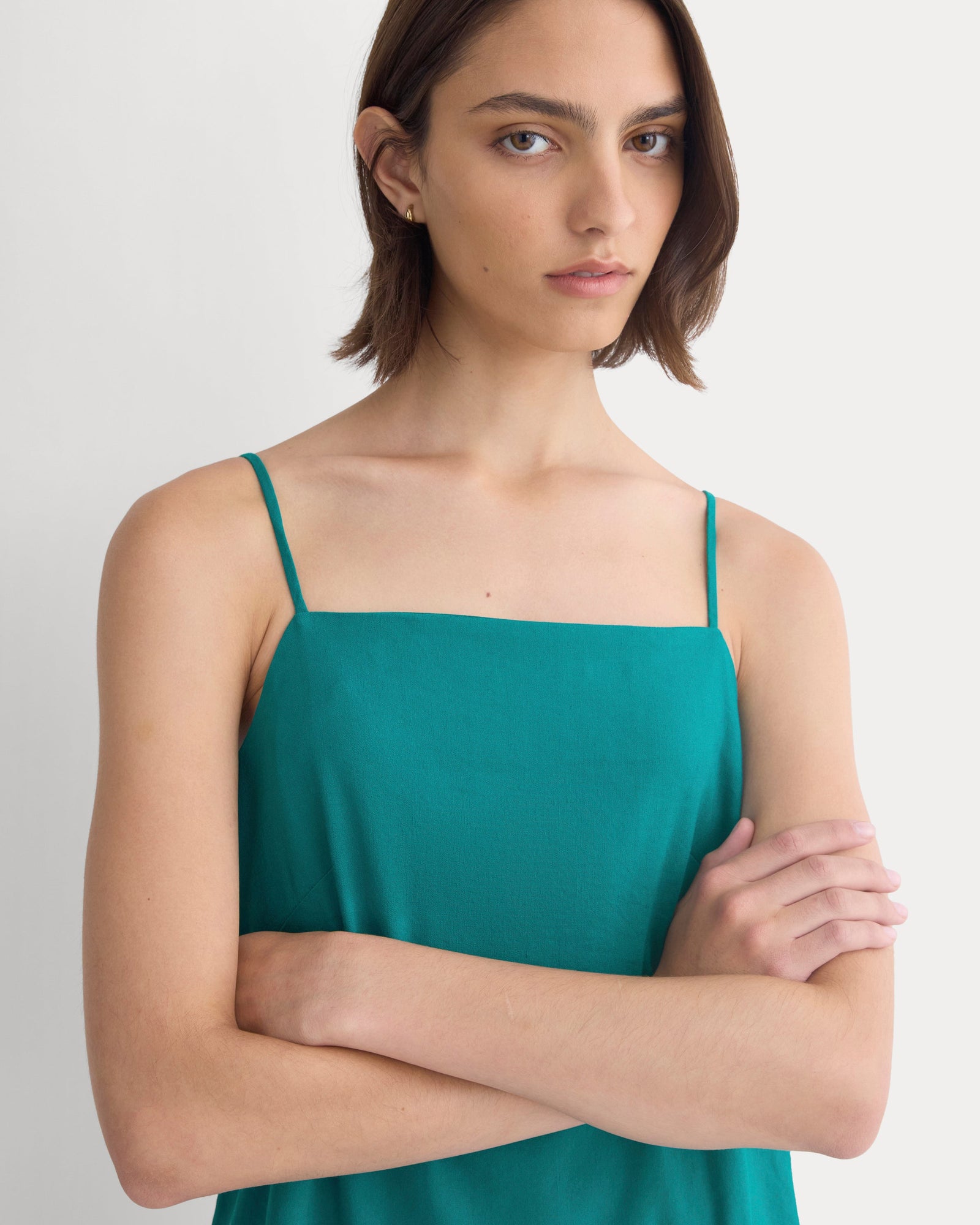Mini Shift Dress in Stretch Linen in Everglade — detail view