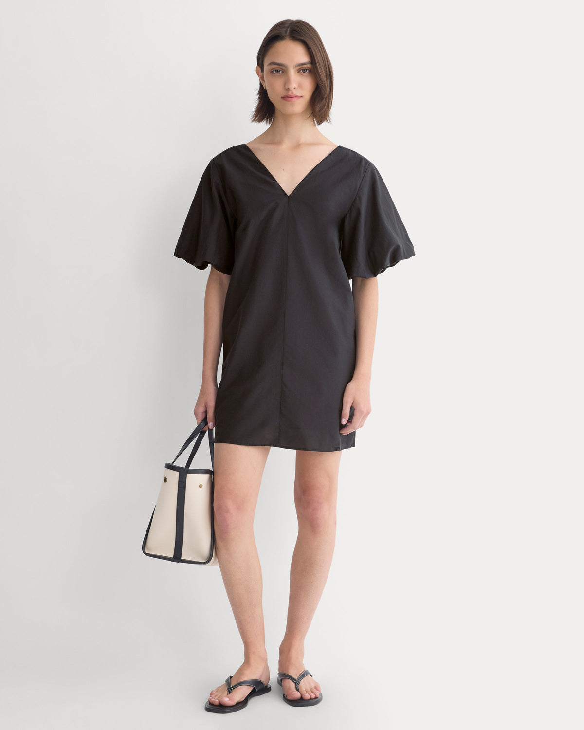 Bubble-Sleeve Mini Dress in Cotton Silk Voile in Black — front view