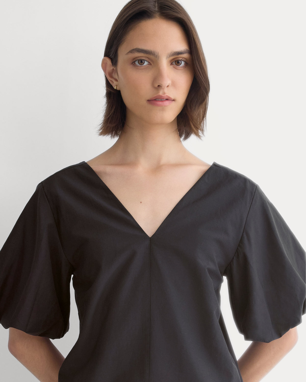 Bubble-Sleeve Mini Dress in Cotton Silk Voile in Black — detail view