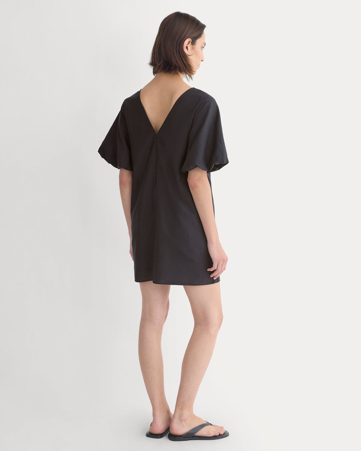 Bubble-Sleeve Mini Dress in Cotton Silk Voile in Black — detail view