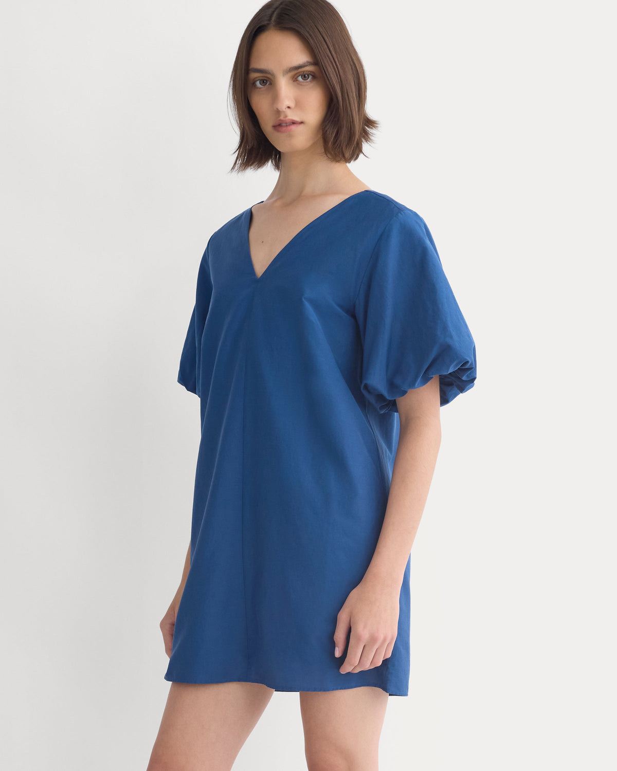 Bubble-Sleeve Mini Dress in Cotton Silk Voile in Estate Blue — detail view
