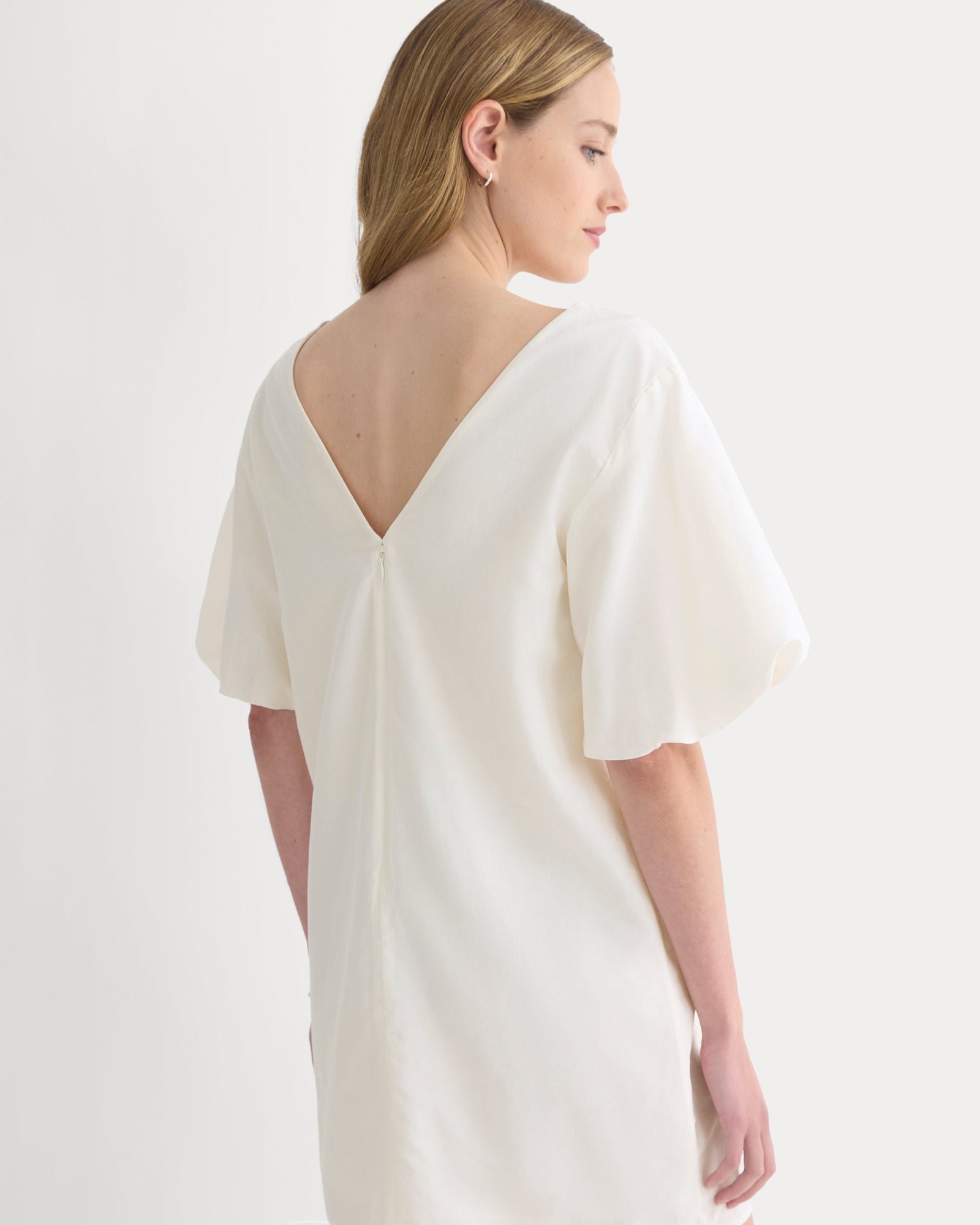Bubble-Sleeve Mini Dress in Cotton Silk Voile in Bone — detail view