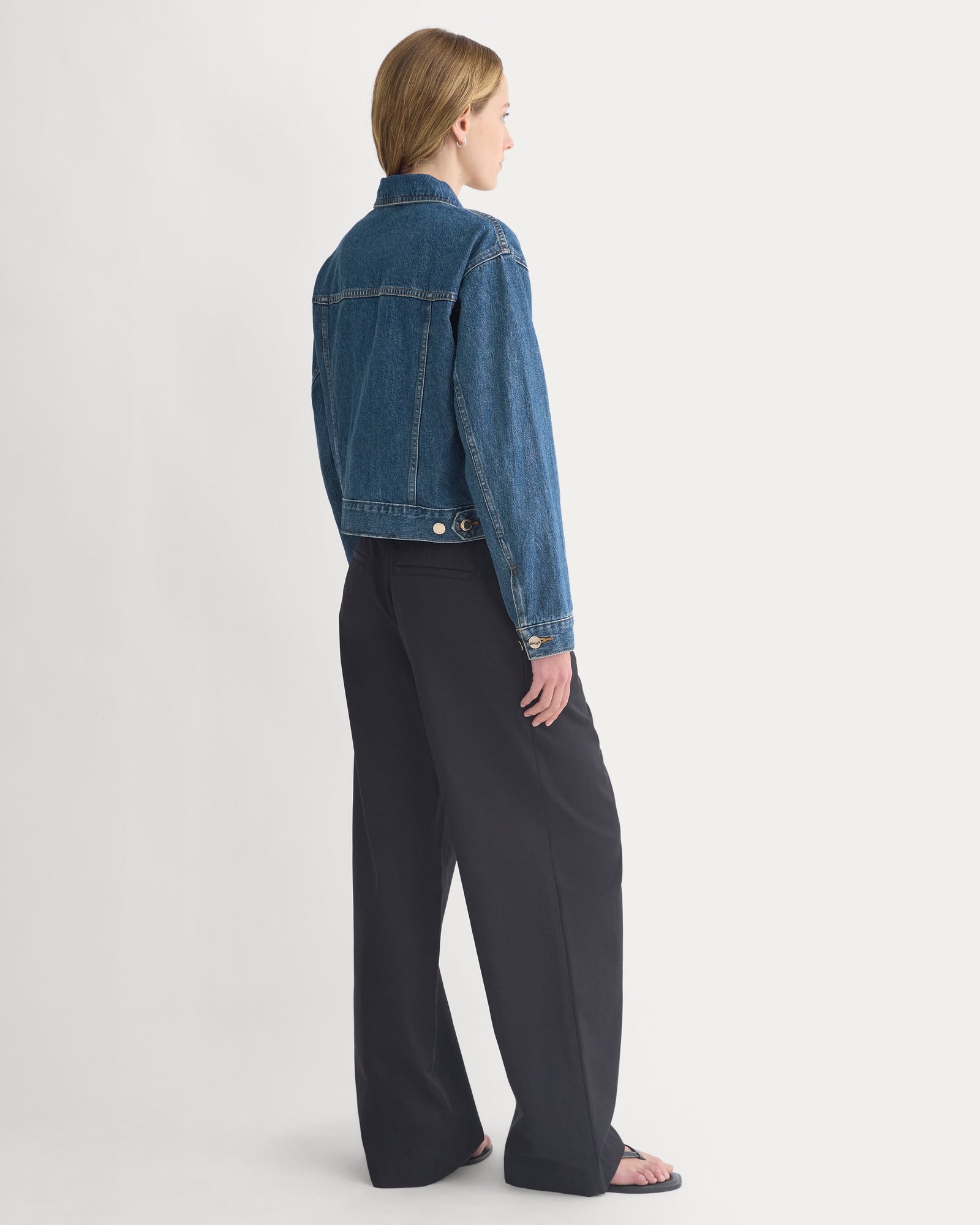 Cropped Trucker Jacket in Denim in Mid Indigo — detail view